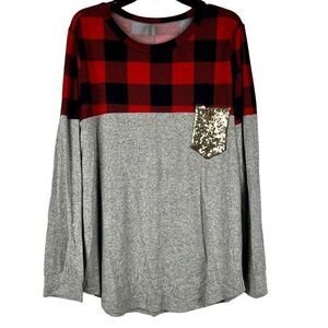Acting Pro Women’s Long Sleeve Plaid Sequin Pocket Shirt 1X